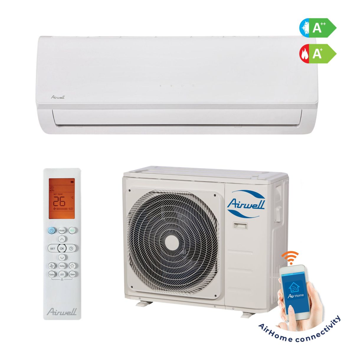 Airwell - Aer Conditionat Aura HDLA35, Smart Inverter 12000 BTU, A++/A+, Functie Incalzire, Wi-Fi, Night Mode, I Feel, Alb