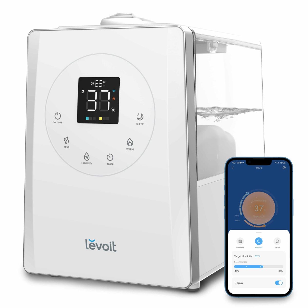 Levoit - LV600S, Umidificator de Aer, SMART HYBRID, WI-FI Ultrasonic, Rezervor 6l, Super Silentios, Aromaterapie, Functie AUTO, Autonomie 50 Ore